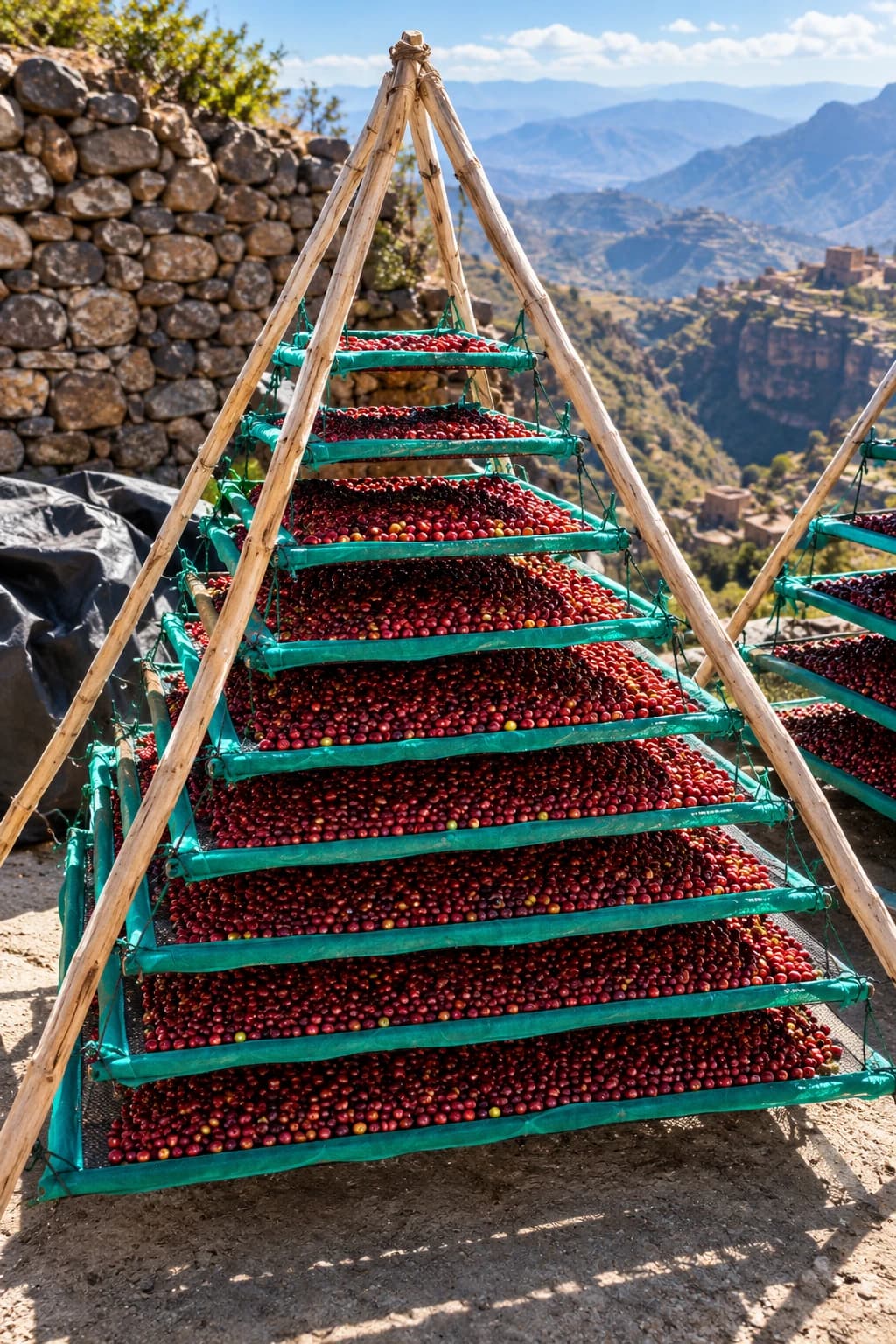 Natural air-flow drying of coffee cherries under the Yemeni sun