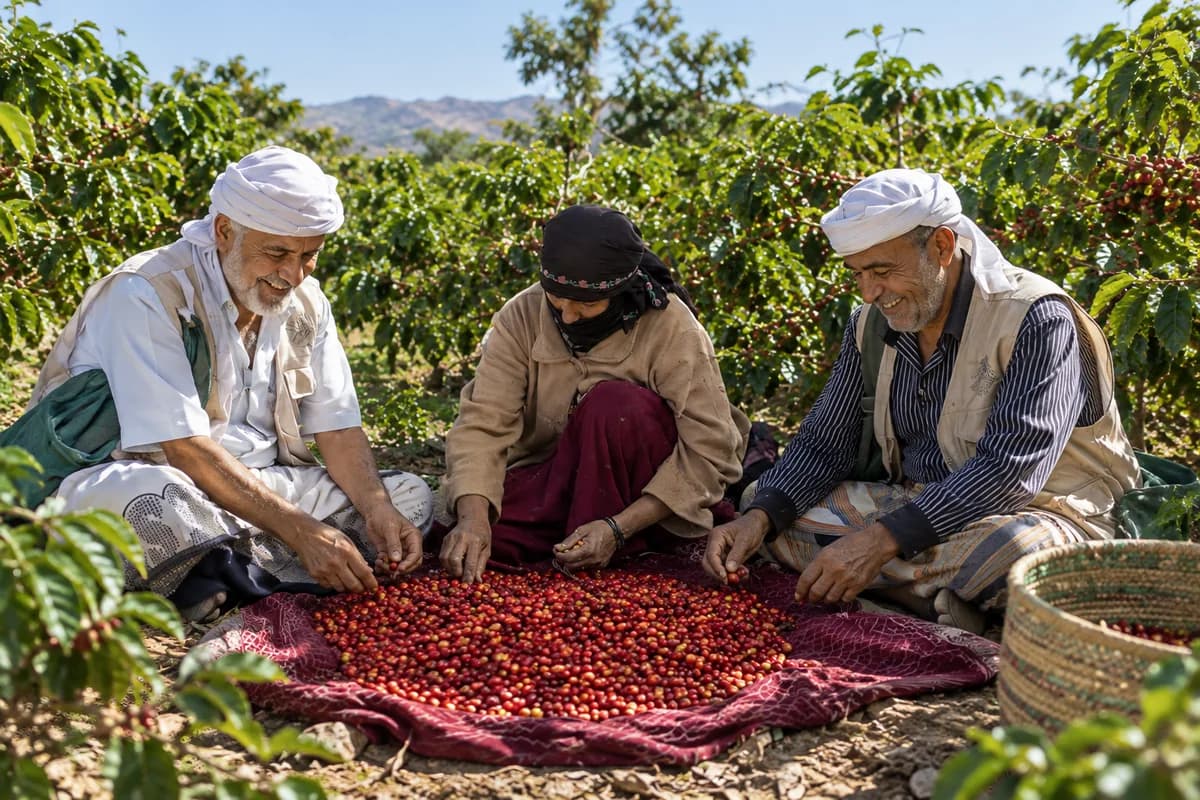 Generations of Yemeni farmers harvesting coffee cherries by hand